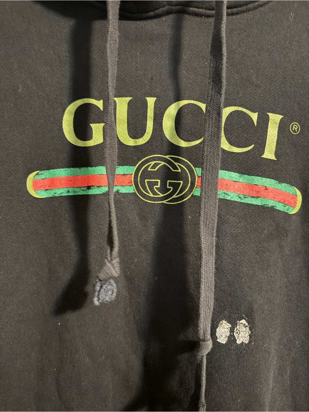 Gucci Black Hoodie with Yellow Logo and Green-Red Web Stripe